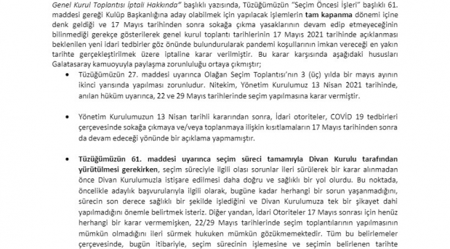 Galatasaray Divan Kurulu Başkanlığı: "Seçimin belirlenen tarihte yapılmasına engel bir hal bulunmamaktadır"