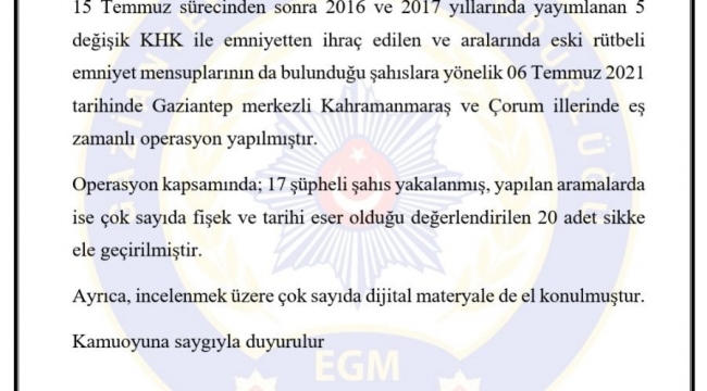 Gaziantep merkezli 3 ilde FETÖ operasyonu: 17 gözaltı